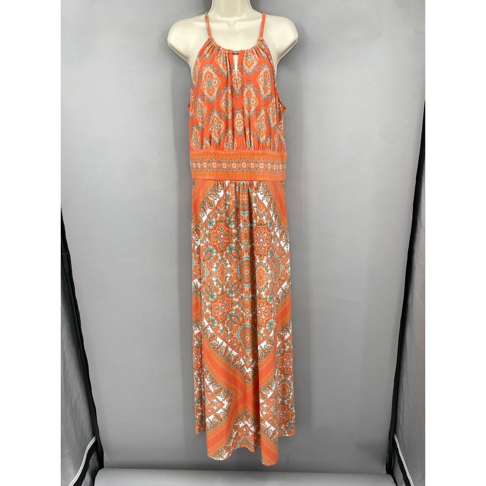 London Times Paisley Halter Maxi Dress Women 14 Orange Boho Geometric Scarf